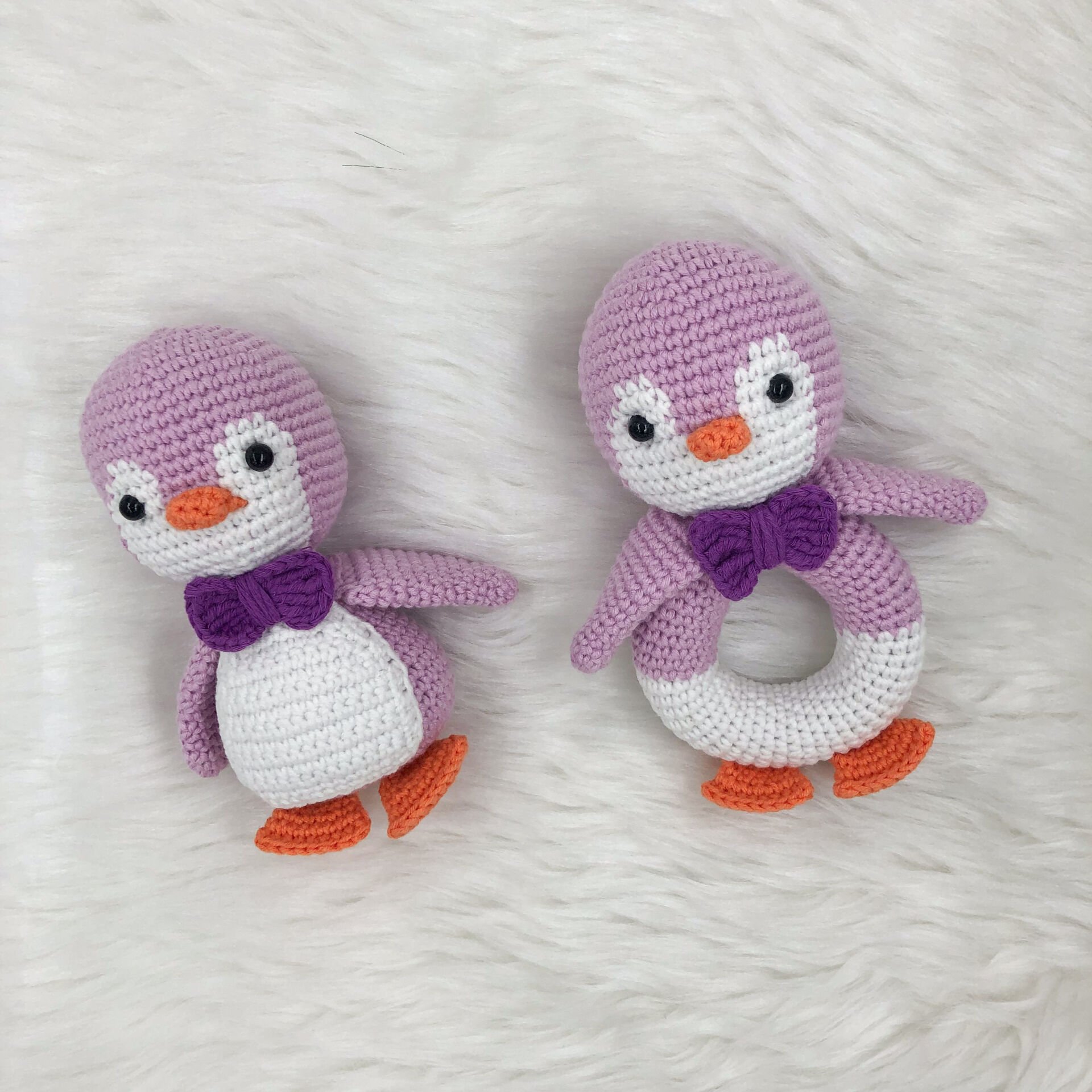 Amigurumi Penguen Çıngırak ve Oyuncak Seti (Mor)