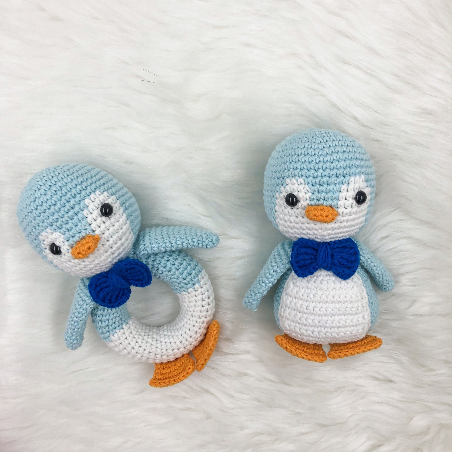 Amigurumi Penguen Çıngırak ve Oyuncak Seti (Mavi)