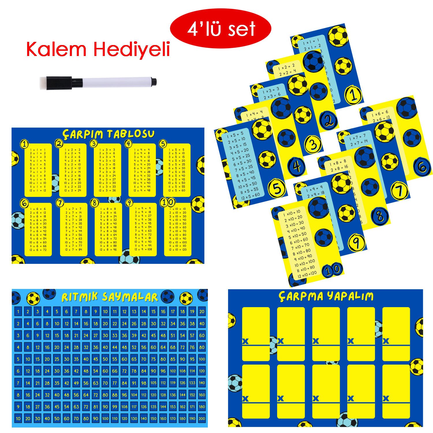 4'lü Çarpım Tablosu Seti - Kalem Hediyeli (Taraftar Sarı Lacivert)