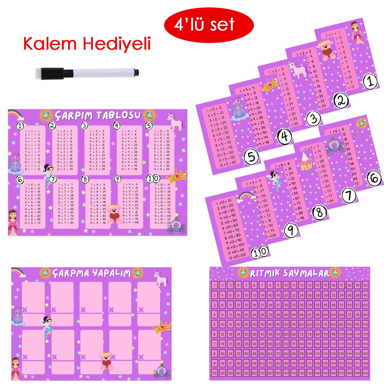 4'lü Çarpım Tablosu Seti - Kalem Hediyeli (Prenses Temalı)