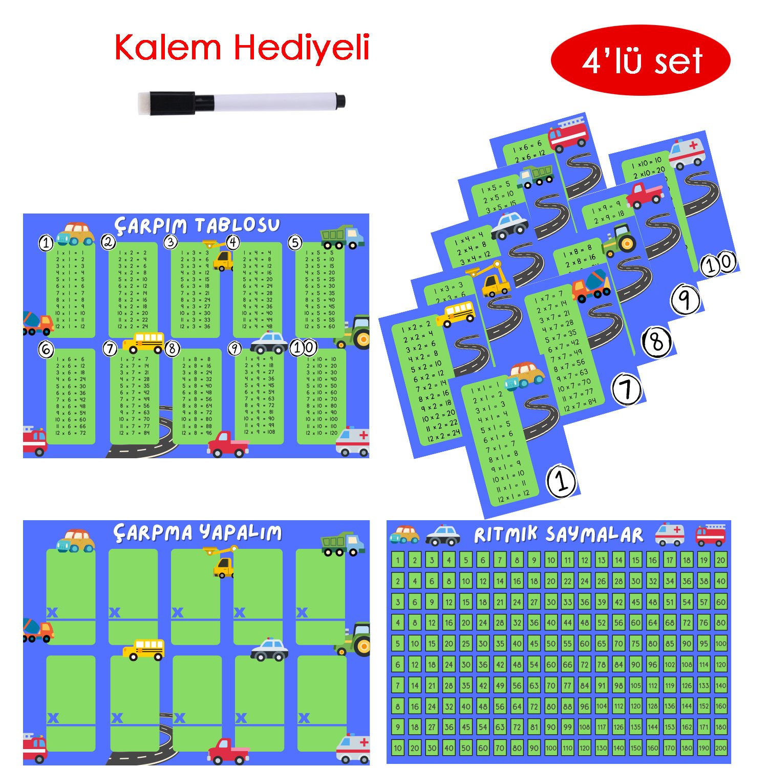 4'lü Çarpım Tablosu Seti - Kalem Hediyeli (Araba Temalı)
