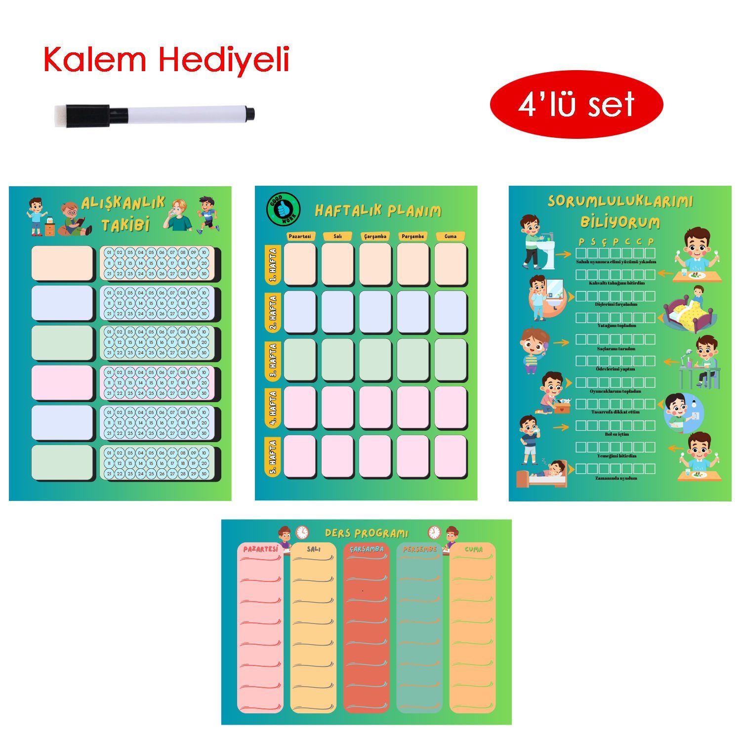 Çocuklar İçin Planlayıcı Set - Mavi (Alışkanlık Takibi, Haftalık Planlayıcı, Sorumluluk Takibi, Ders Programı)