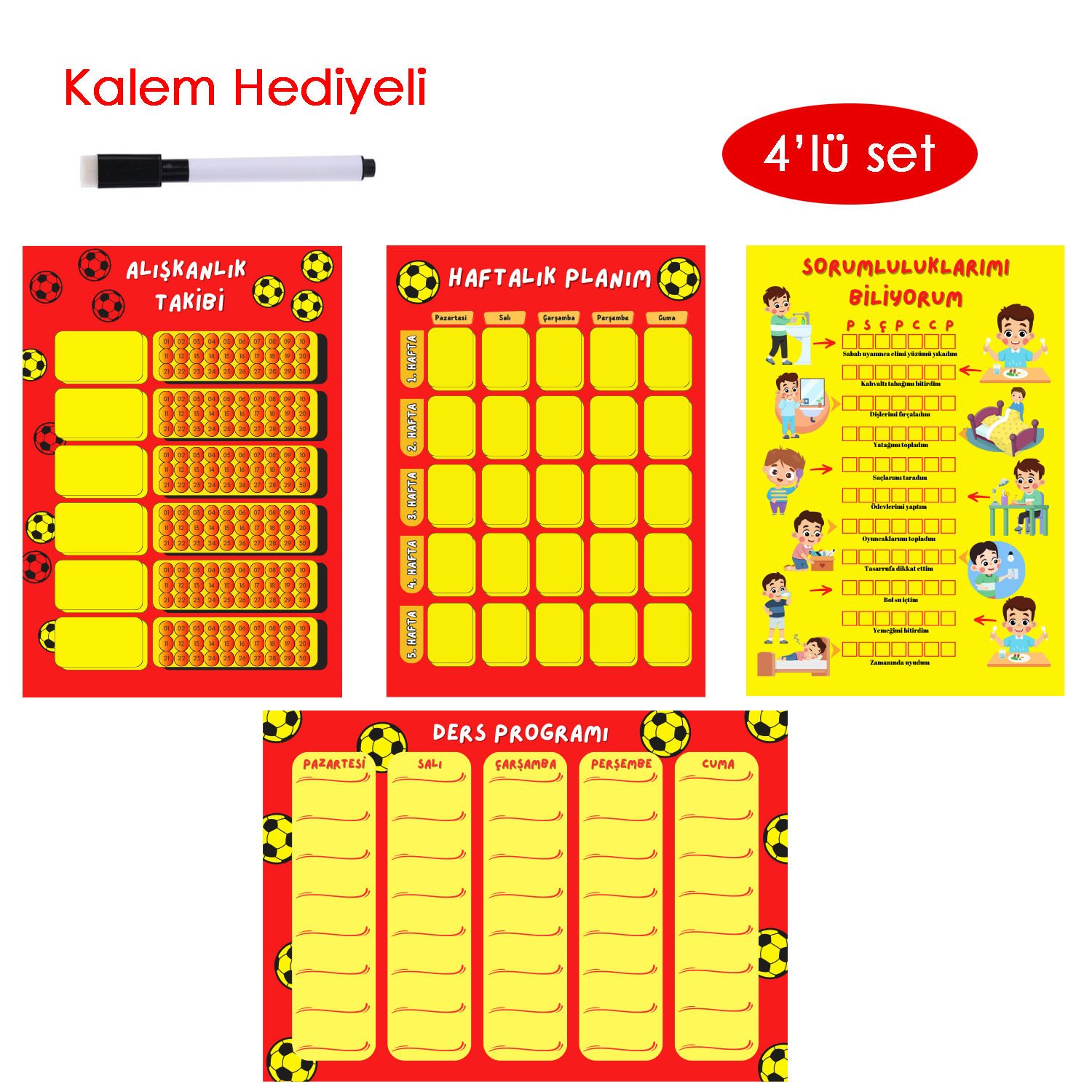 Çocuklar İçin Planlayıcı Set - Sarı Kırmızı (Alışkanlık Takibi, Haftalık Planlayıcı, Sorumluluk Takibi, Ders Programı)