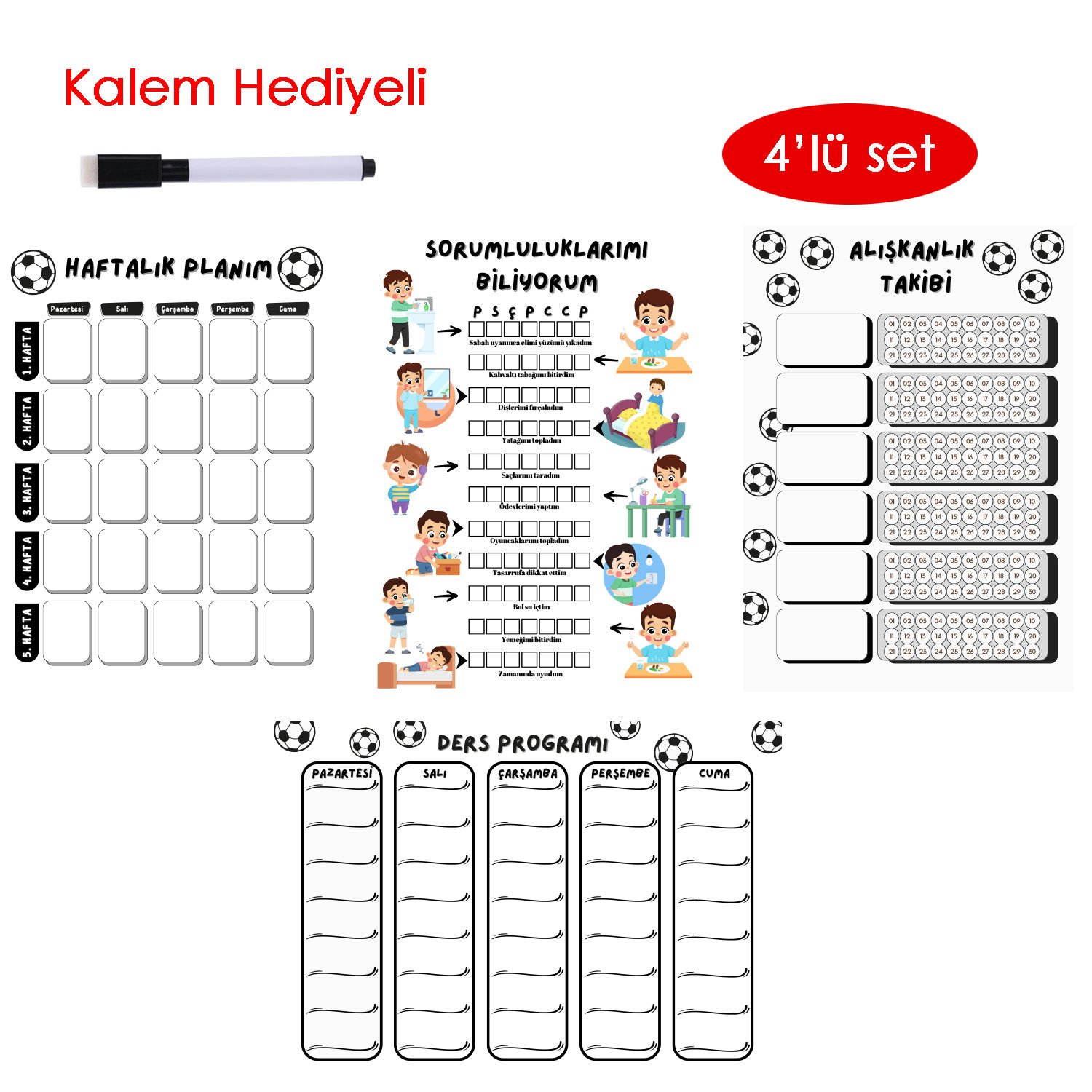 Çocuklar İçin Planlayıcı Set - Siyah Beyaz (Alışkanlık Takibi, Haftalık Planlayıcı, Sorumluluk Takibi, Ders Programı)