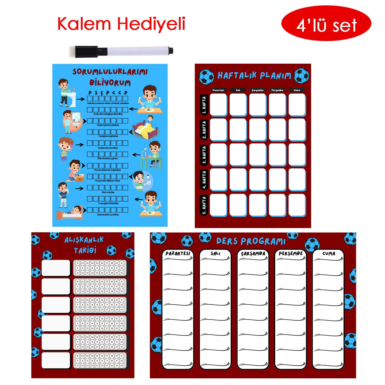 Çocuklar İçin Planlayıcı Set - Bordo Mavi (Alışkanlık Takibi, Haftalık Planlayıcı, Sorumluluk Takibi, Ders Programı)(Kopya)