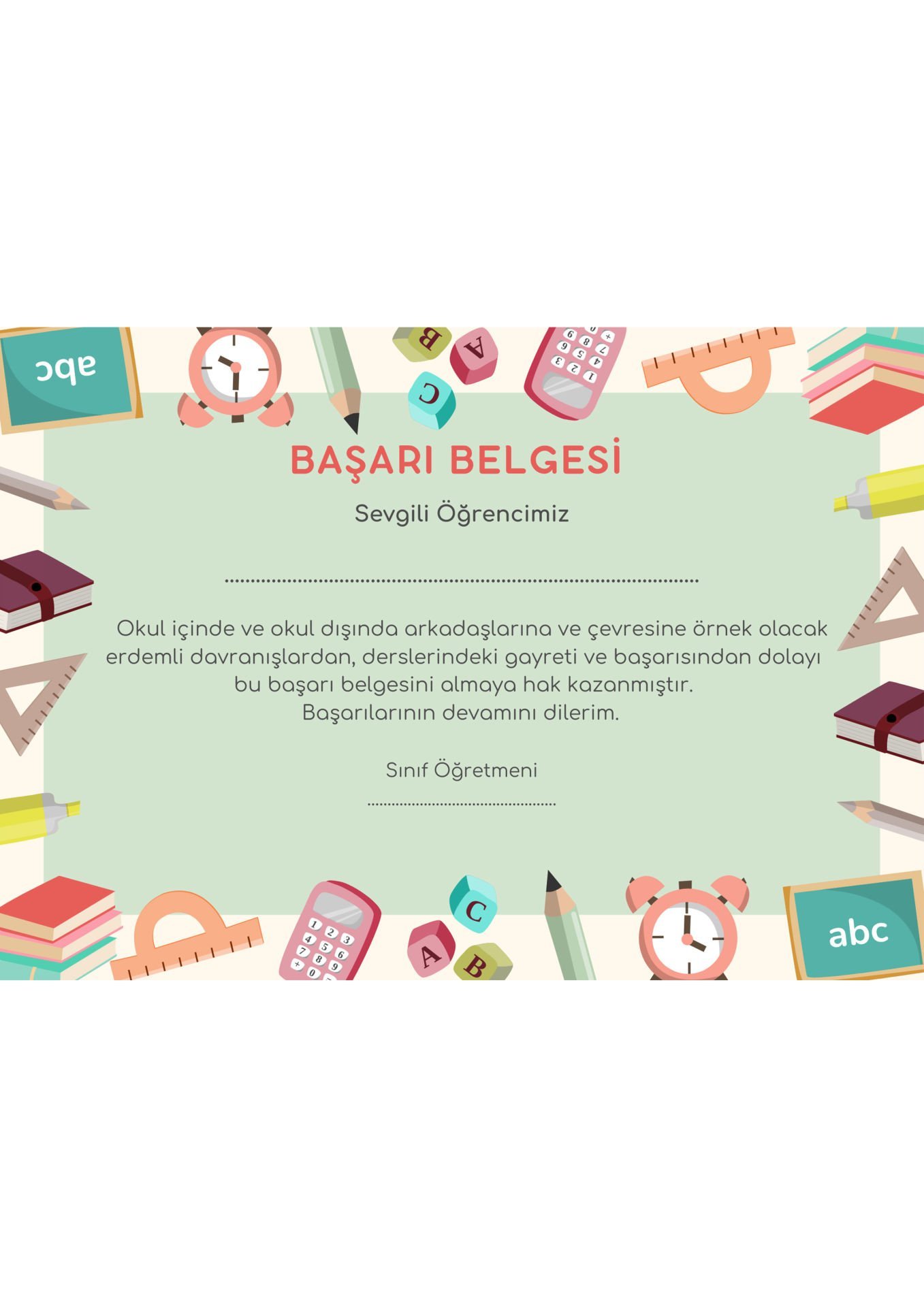 A4 Boyutunda Öğrenci Başarı Belgesi - Anaokul Başarı Belgesi - İlkokul Başarı Belgesi (Model 1)