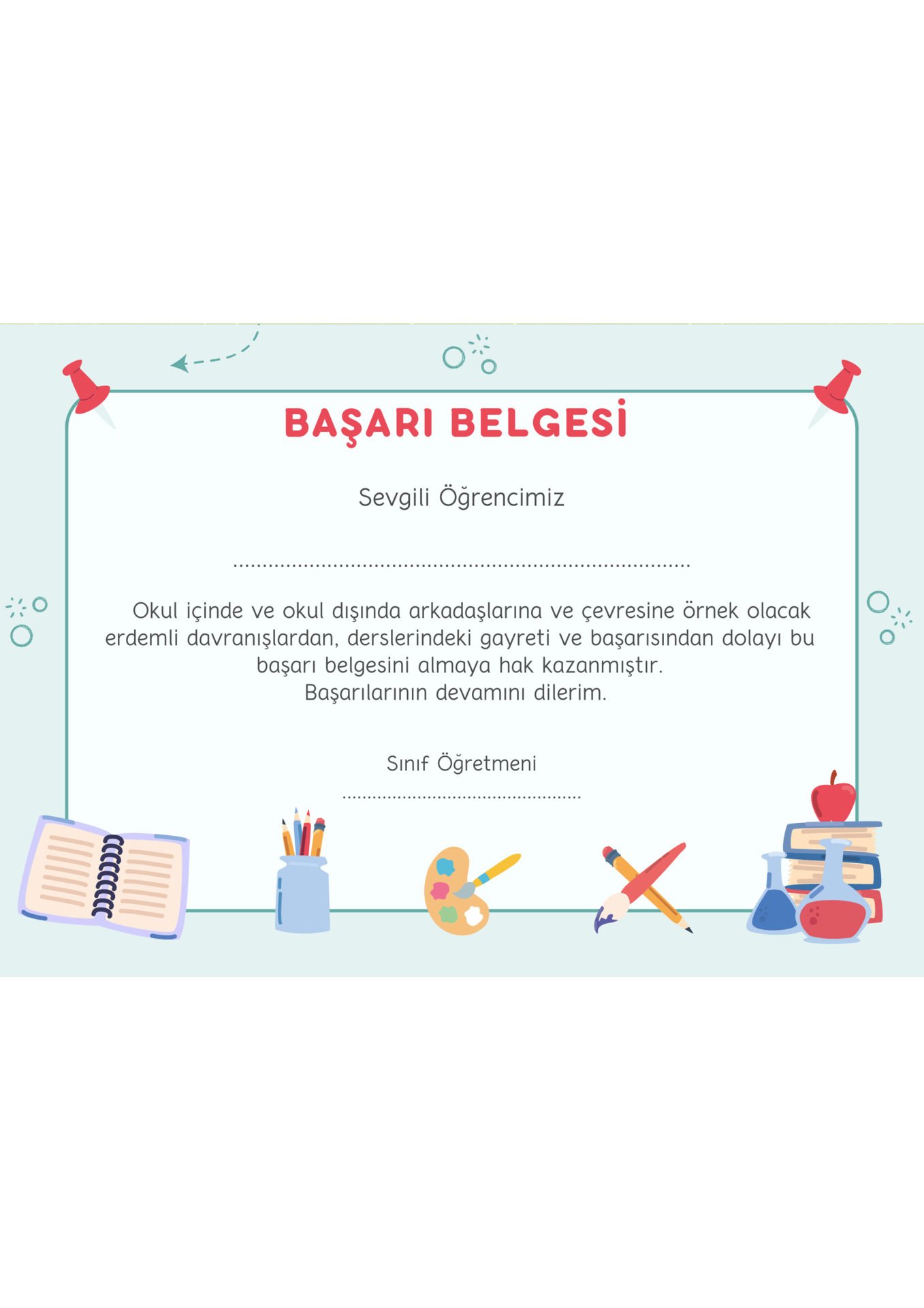 A4 Boyutunda Öğrenci Başarı Belgesi - Anaokul Başarı Belgesi - İlkokul Başarı Belgesi (Model 5)