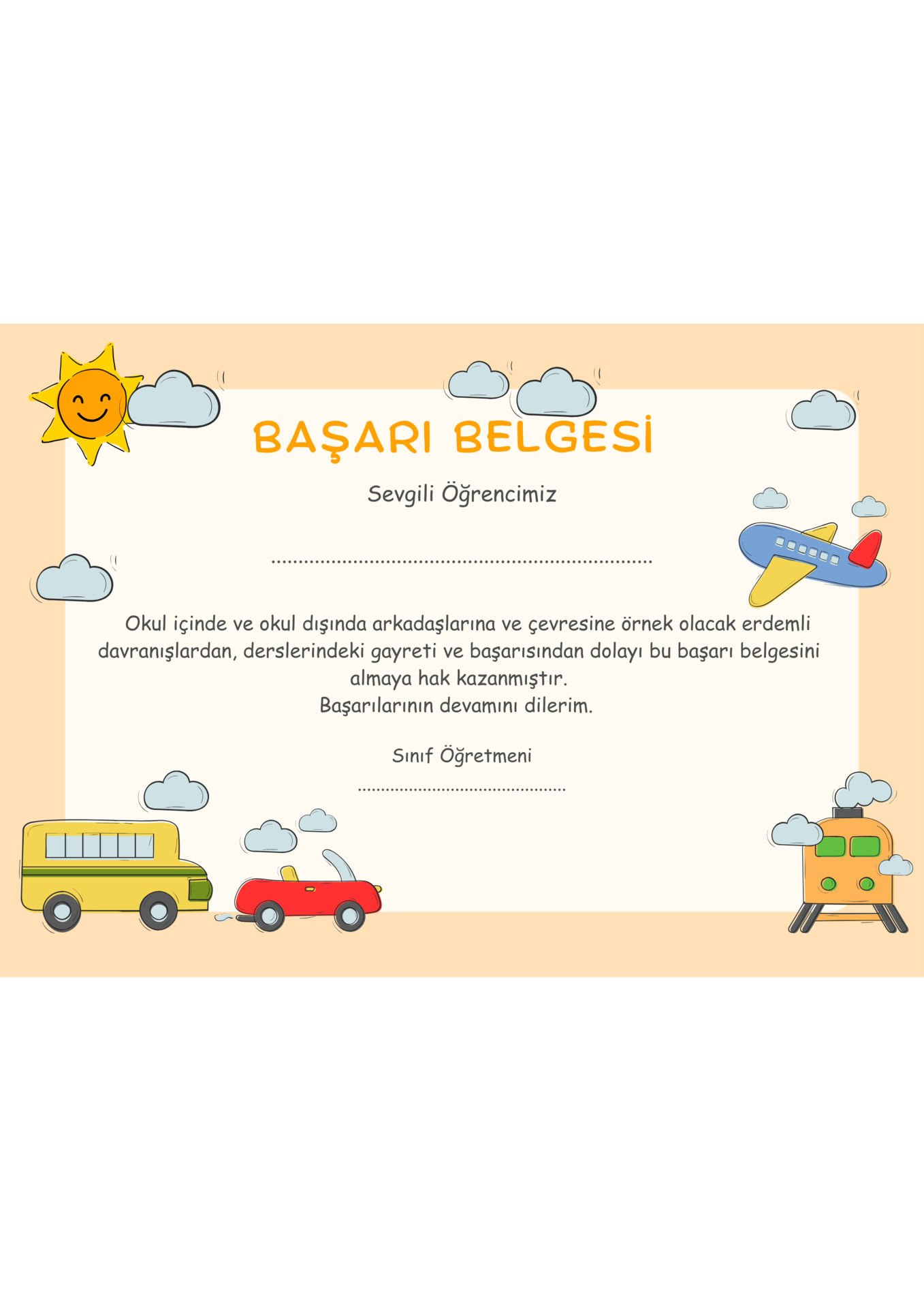 A4 Boyutunda Öğrenci Başarı Belgesi - Anaokul Başarı Belgesi - İlkokul Başarı Belgesi (Model 7)