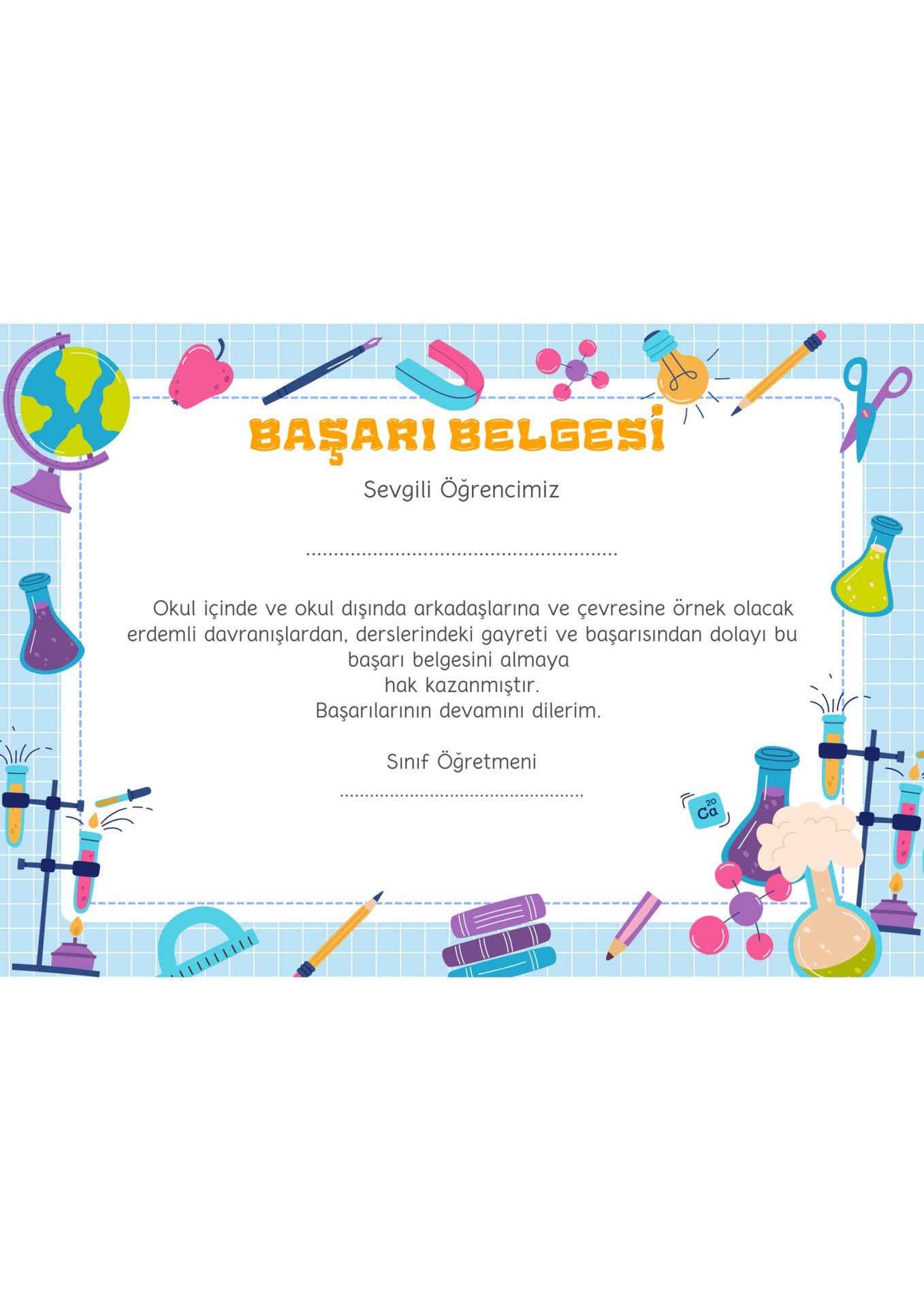 A4 Boyutunda Öğrenci Başarı Belgesi - Anaokul Başarı Belgesi - İlkokul Başarı Belgesi (Model 8)