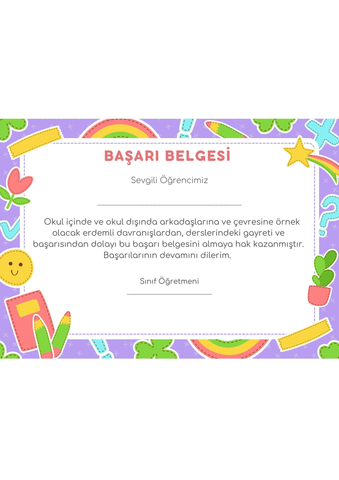 A4 Boyutunda Öğrenci Başarı Belgesi - Anaokul Başarı Belgesi - İlkokul Başarı Belgesi (Model 9)