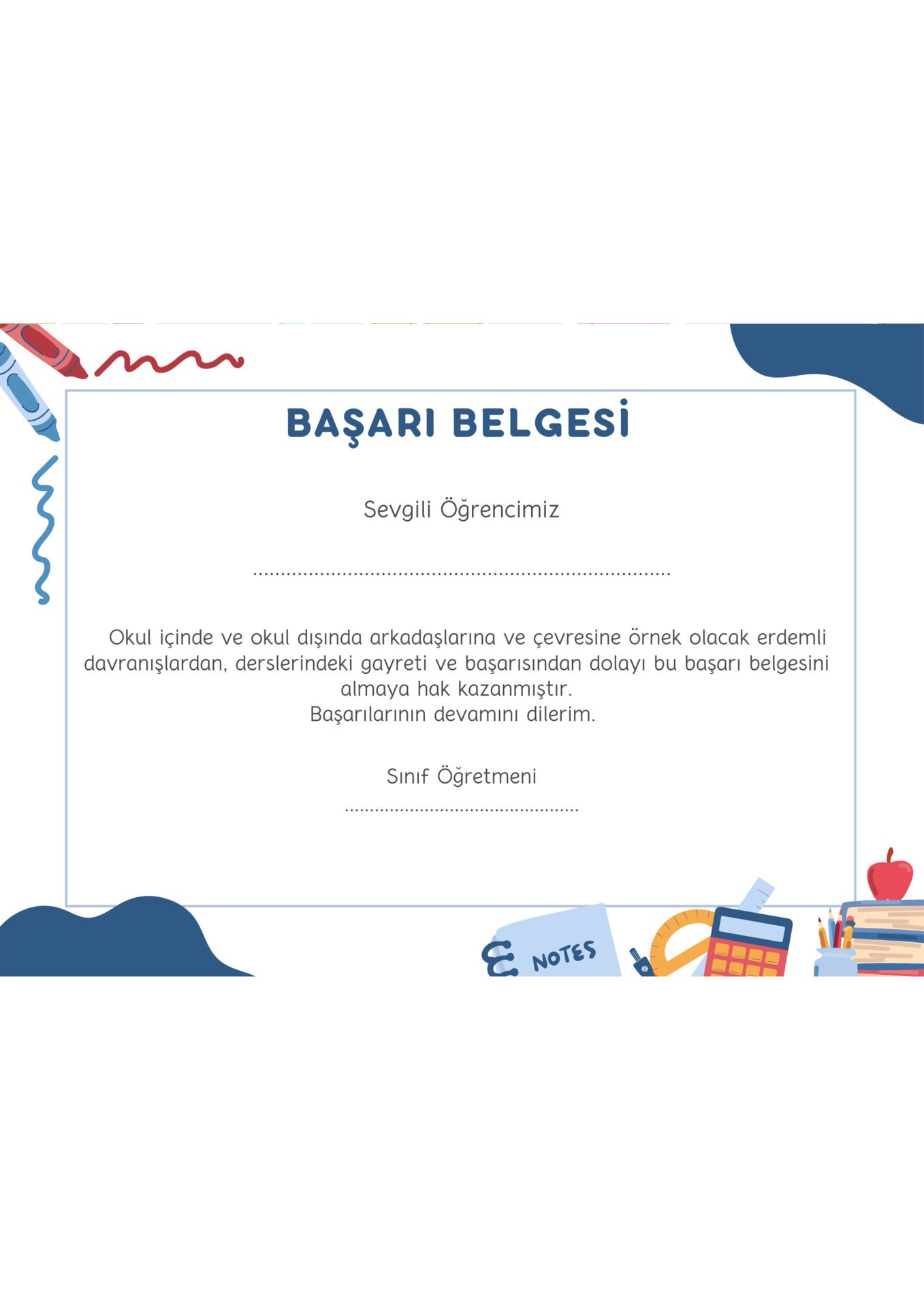 A4 Boyutunda Öğrenci Başarı Belgesi - Anaokul Başarı Belgesi - İlkokul Başarı Belgesi (Model 10)