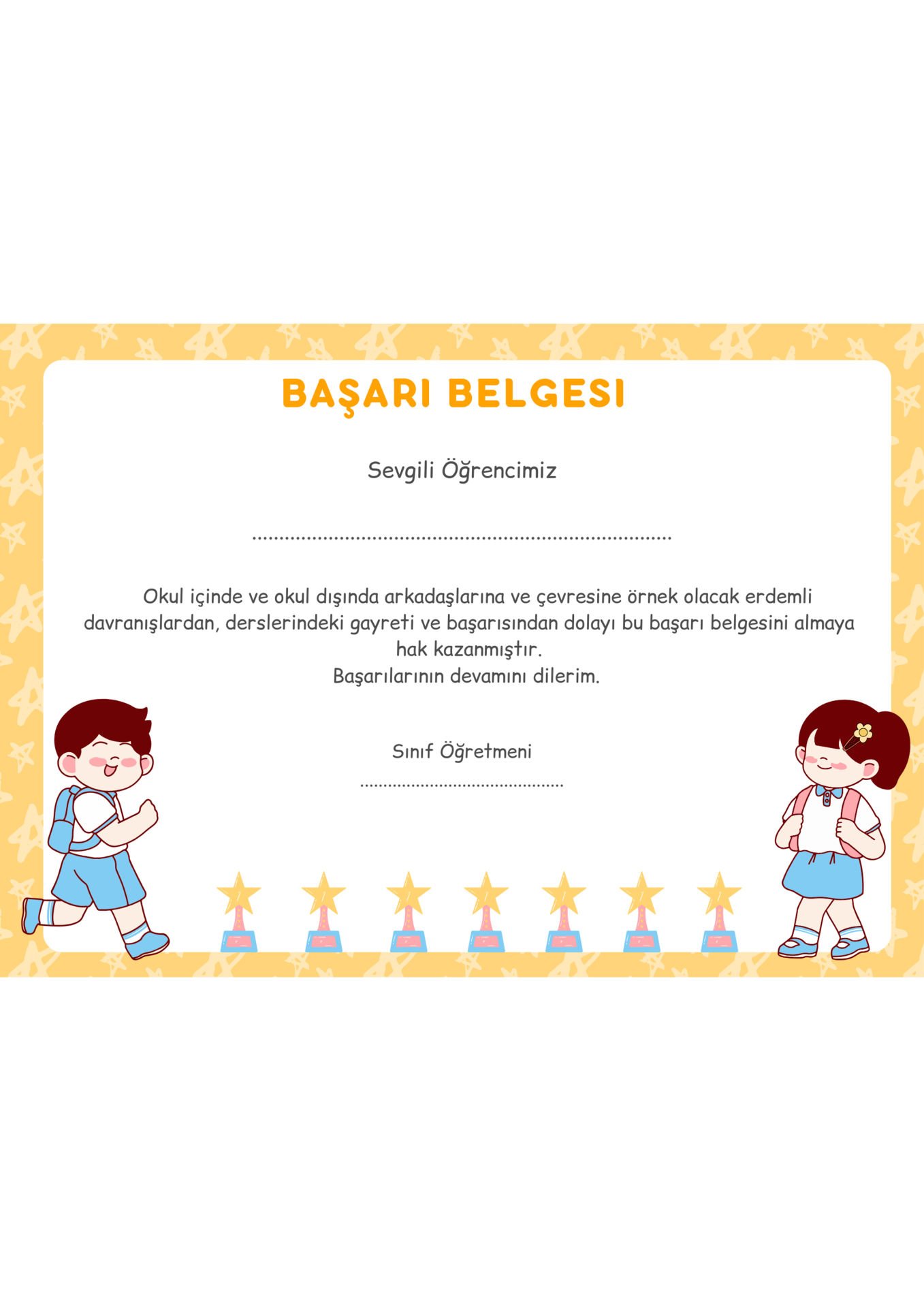 A4 Boyutunda Öğrenci Başarı Belgesi - Anaokul Başarı Belgesi - İlkokul Başarı Belgesi (Model 11)