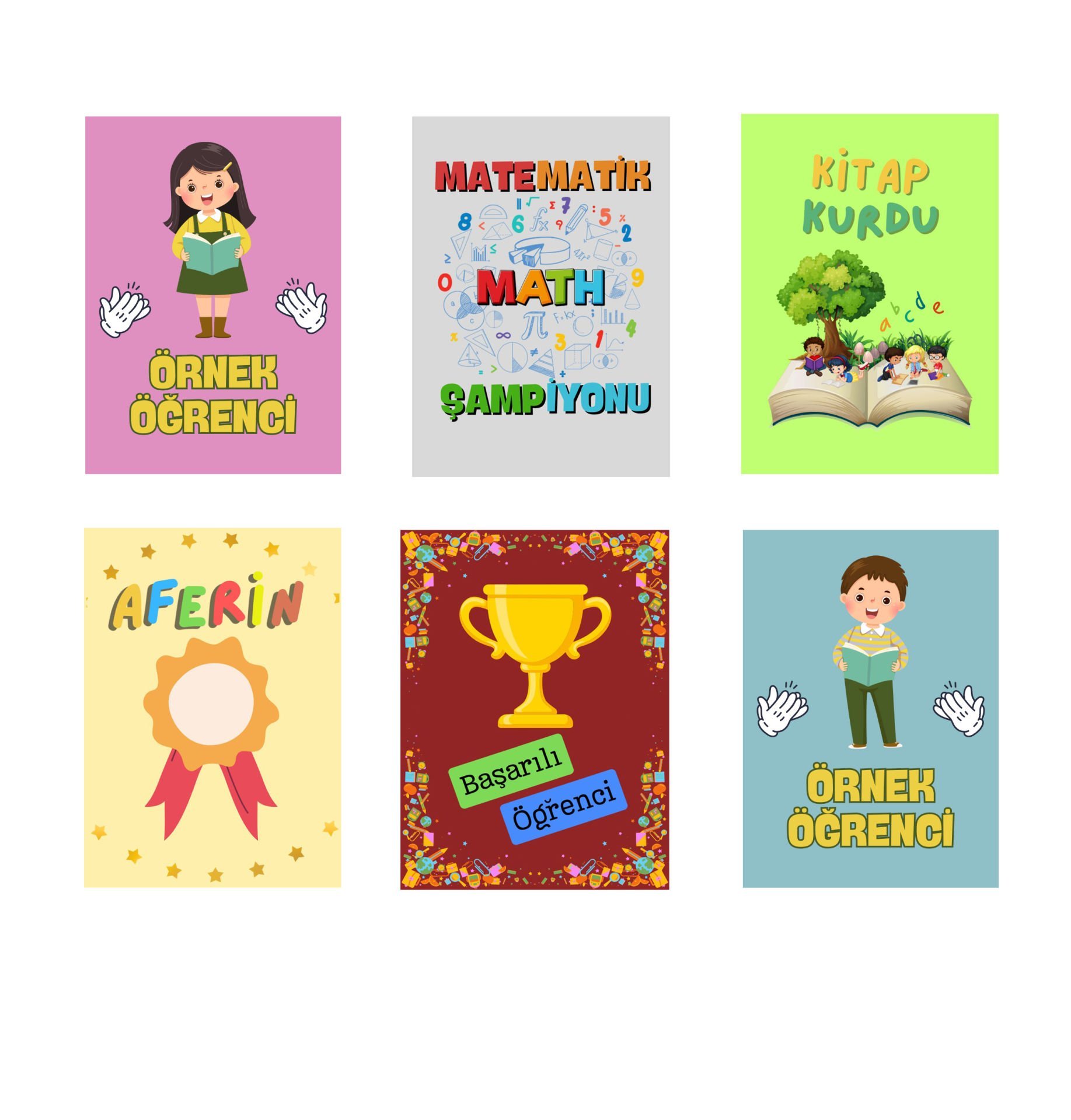 48 Adet Öğrenci Başarı Tebrik Kartı 70x50 mm (Örnek Öğrenci,Kitap Kurdu, Aferin,Matematik Şampiyonu)
