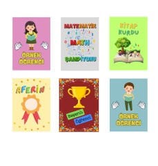 48 Adet Öğrenci Başarı Tebrik Kartı 70x50 mm (Örnek Öğrenci,Kitap Kurdu, Aferin,Matematik Şampiyonu)