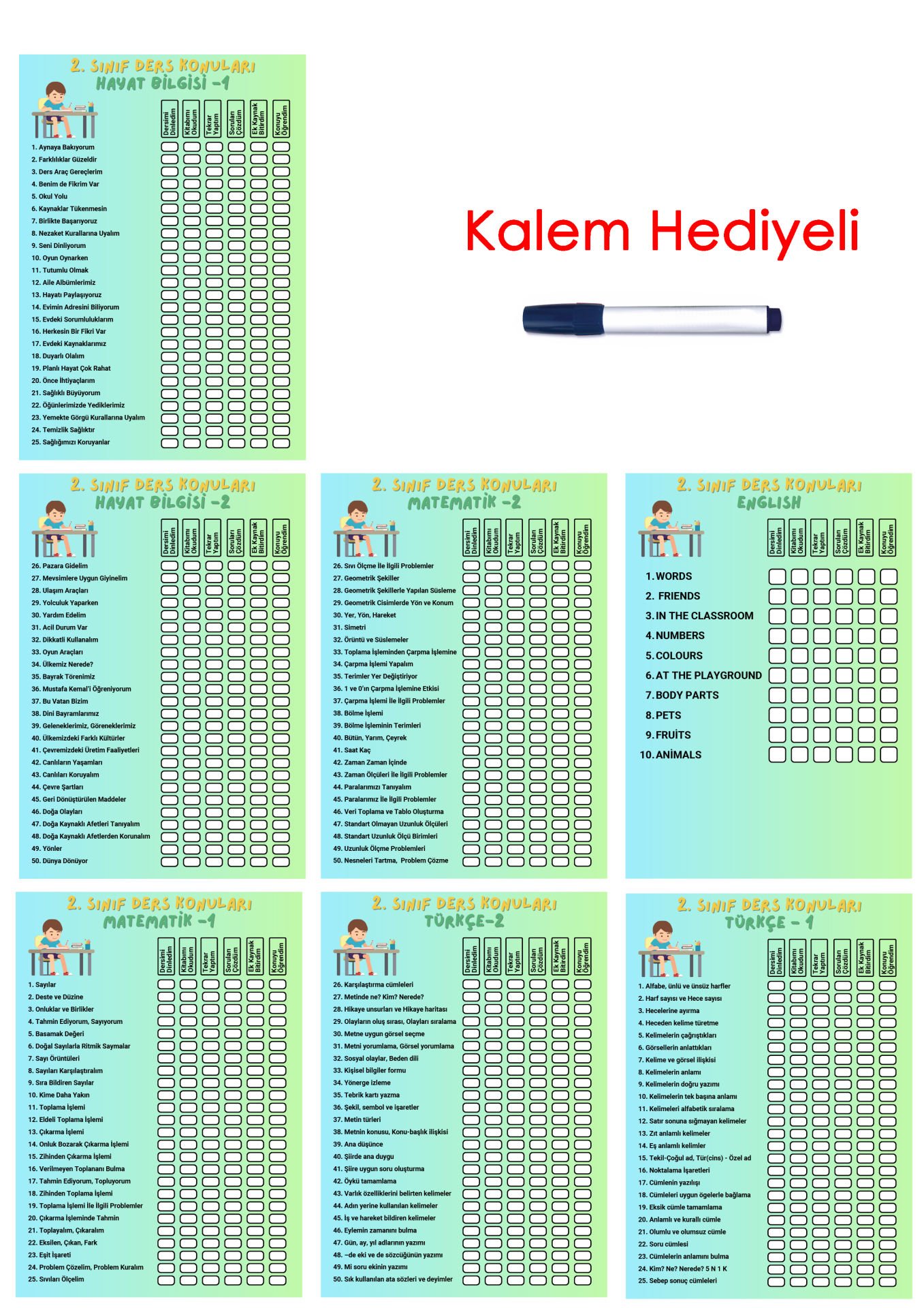 İlkokul 2.Sınıf Ders Takip Programı - Kalem Hediyeli (Erkek)