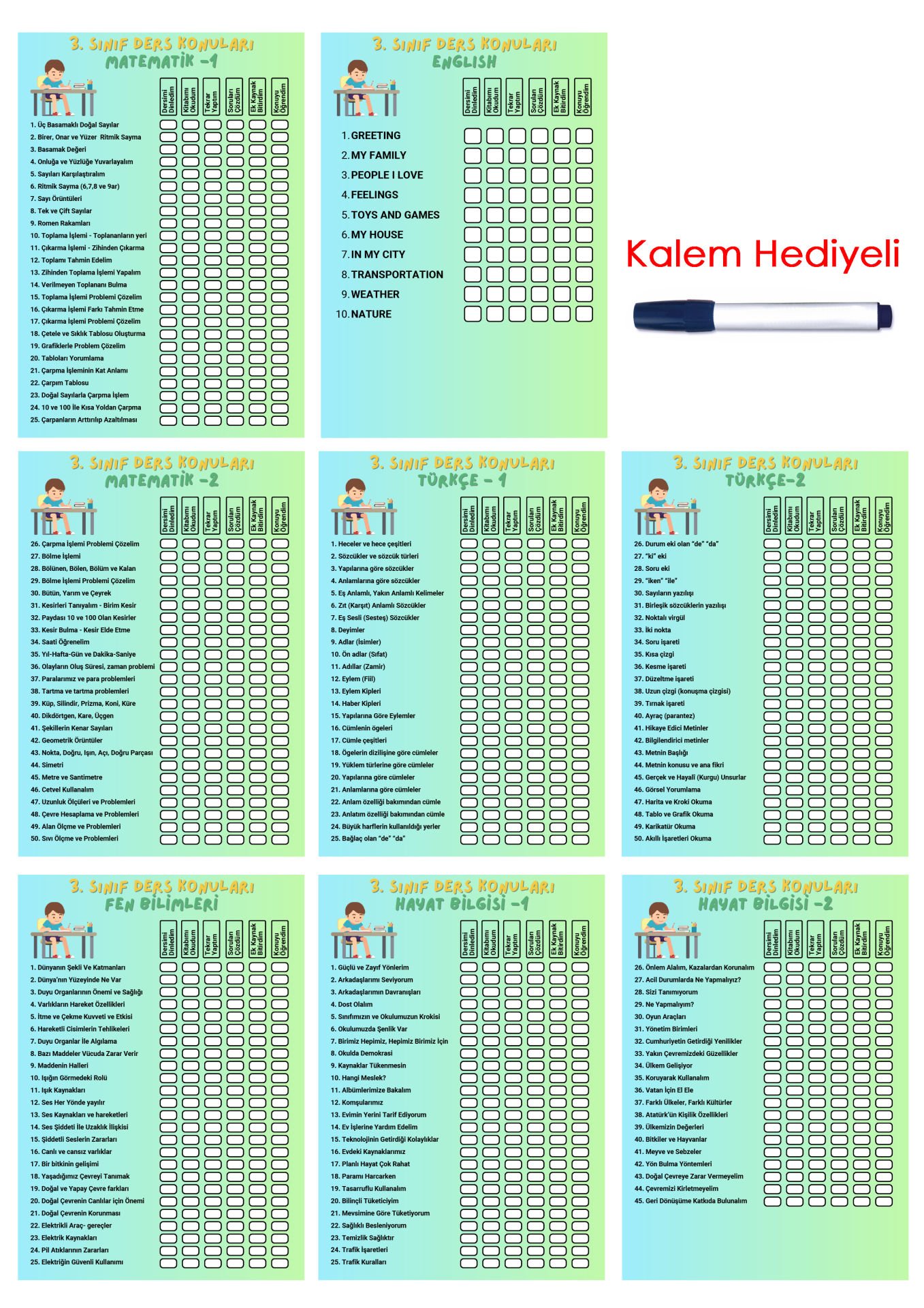 İlkokul 3.Sınıf Ders Takip Programı - Kalem Hediyeli (Erkek)